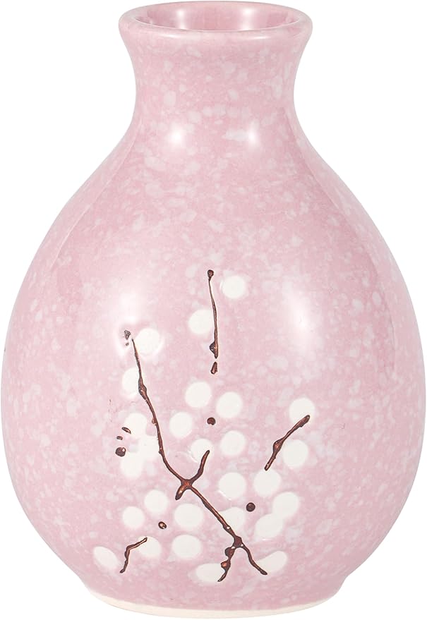 Japanese Plum Blossoms 5 Piece Sake Set 9.5 fl oz Bottle and 4 Cups Porcelain (Pink)