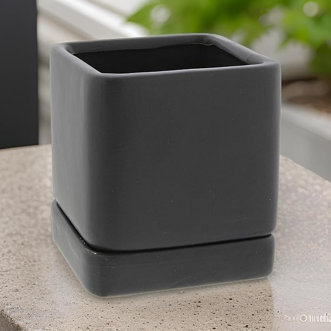 Lucky Winner Solid Cube Ceramic Planter Pot with Drain Hole- Unique Minimal Square Plant Pot for Indoor Outdoor Home Garden Decor (Black, 4")
