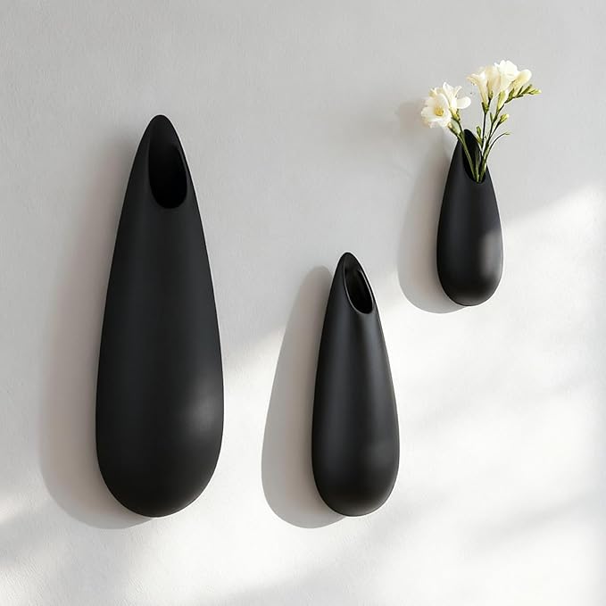 Sculptural Wall Ceramic Vase — 3 Pack Black Hanging Sconce Vase | Turn Flowers into Art — Decorative Ceramic Wall Sconce for Single Stem Displays