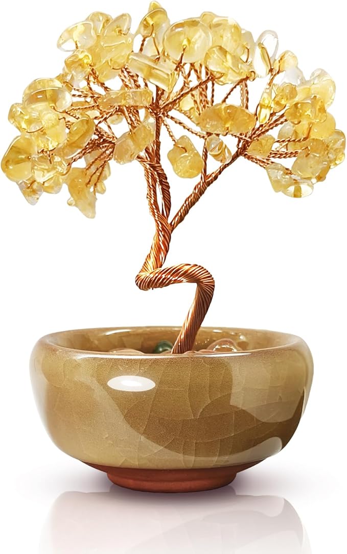 Mini Citrine Crystal Money Tree,Wealth Home Office Desk Decor,Handmade Copper Wire in Crackle Ceramic Base,Feng Shui Office Gift