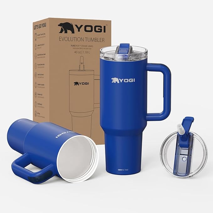 YOGI Ceramic Lined Metal Allergy Safe 40oz Tumbler with Handle and Straw Leakproof Flip & Sip Lid Vacuum Insulated Stainless Steel Travel Cup for Iced Coffee Water and All-Day Hydration 40oz Indigo