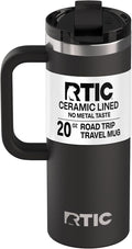 RTIC 20oz Road Trip Travel Mug with Lid and Handle, Ceramic Lined, Insulated, Stainless Steel, Metal, Double Wall Vacuum-Insulation, Portable Coffee, Tea Cup for Hot and Cold Drink, Midnight