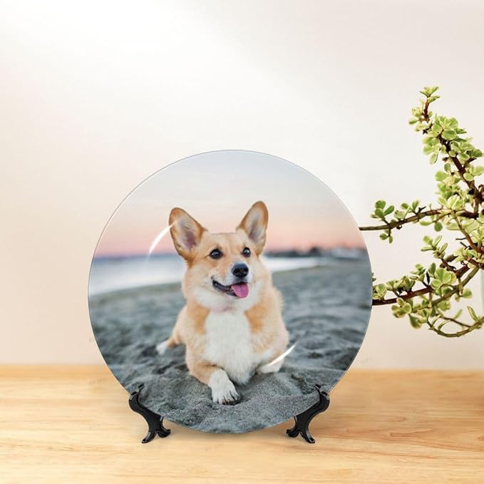 Custom Photo Ceramic Decorative Plate, Wobble-Plate Dishes with Display Stand, Handmade Ceramic Ornament, for Wall Hanging Living Room Bathroom Decor Gift, SkyBlue-6 In