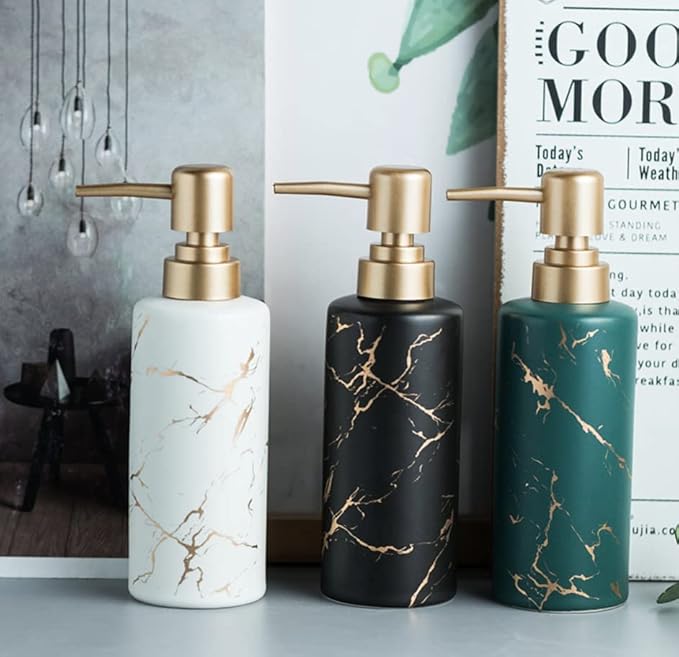 Gold Soap Dispenser for Bathroom or Kitchen, Skinny Ceramic Lotion Bottle with Marble Pattern, Rust-Free Pump(Black)