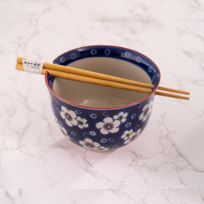 Urban Tokyo Handpainted Ceramic Glazed Japanese Ramen Udon Noodle Rice Bowl With Chopsticks 20 fl oz 5 inch Diameter Bowl Sets Color Box Packaging (Plum Blossoms)