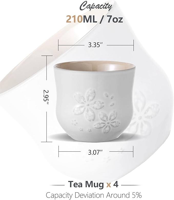 ZENS Japanese Tea Cups Set of 4 – 210ML Embossed Porcelain Japan Tea Cups, Handleless, Traditional Japanese Style for Gongfu Tea, Matcha – Off White
