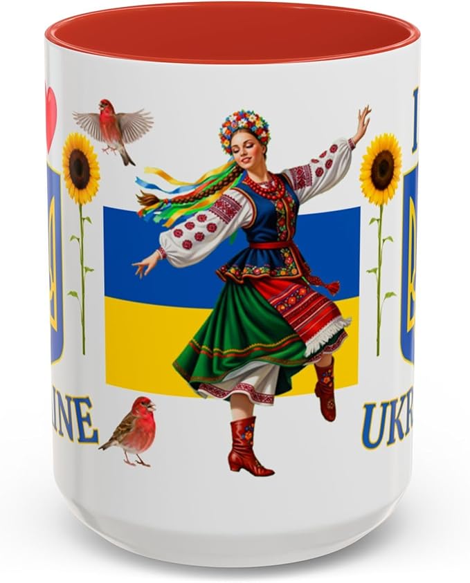 I Love Ukraine 15 oz Coffee Mug - Gift - Christmas Birthdays Gift; Tea Cup (Red Handle)