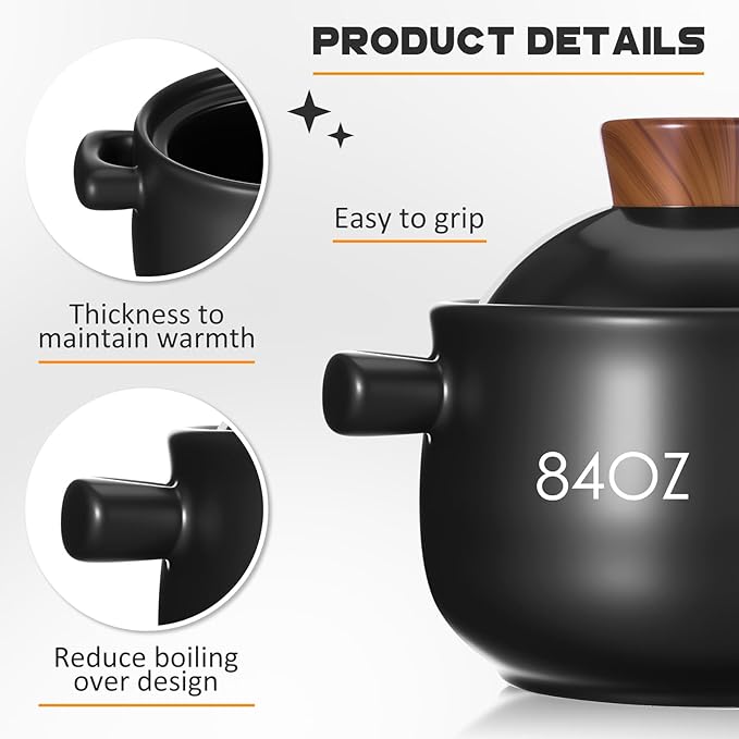 2 Pcs 84 oz Korean Stone Pot Clay Cooking Pot Set Ceramic Dolsot Bowl with Lid, Sizzling Hot Pots for Bibimbap and Soup, Kimchi, Ttukbaegi and Koreans Stew, Microwave Safe Donabe Pots, Black