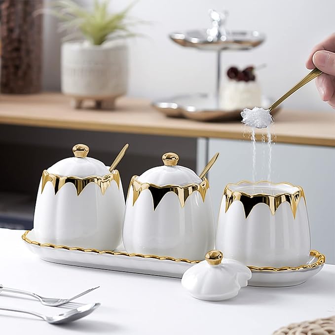 Sugar Bowl with Lid and Spoon, Ceramic Condiment Container with Tray, Sugar and Salt Containers Set, Gold Condiment Spice Jars, White Seasoning Container Set of 3 for Kitchen Coffee Bar