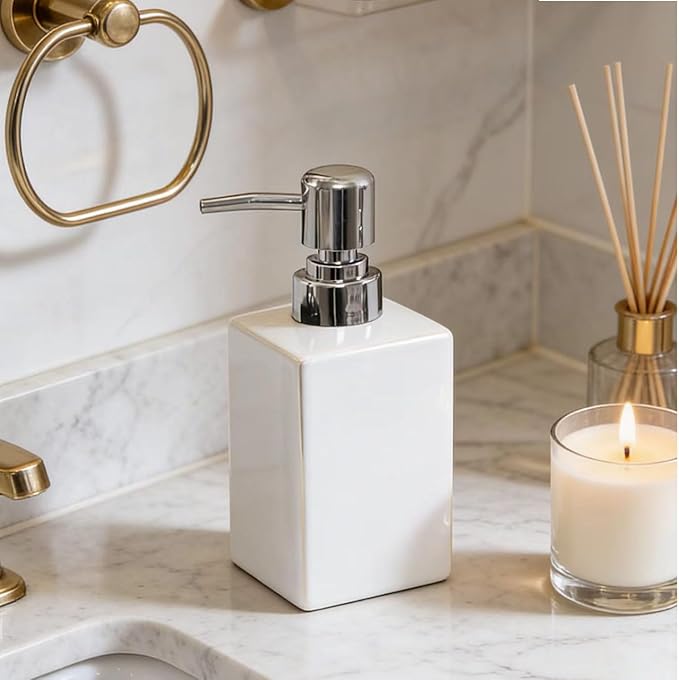 11OZ White Soap Dispenser,Modern Marble Square Liquid Dish Countertop Lotion Hand Dispenser for Bathroom Kitchen Farmhouse Hotel