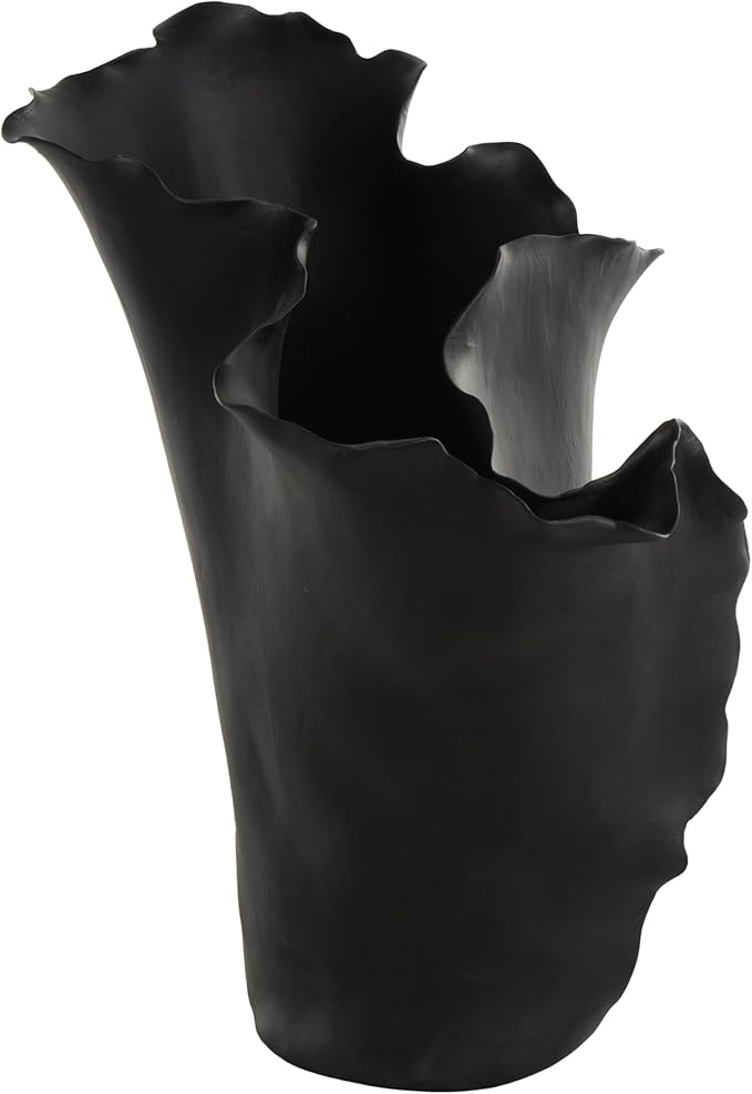 Deco 79 Ceramic Abstract Floral Inspired Vase with Wavy Folded Rim, 9" x 11" x 16", Black