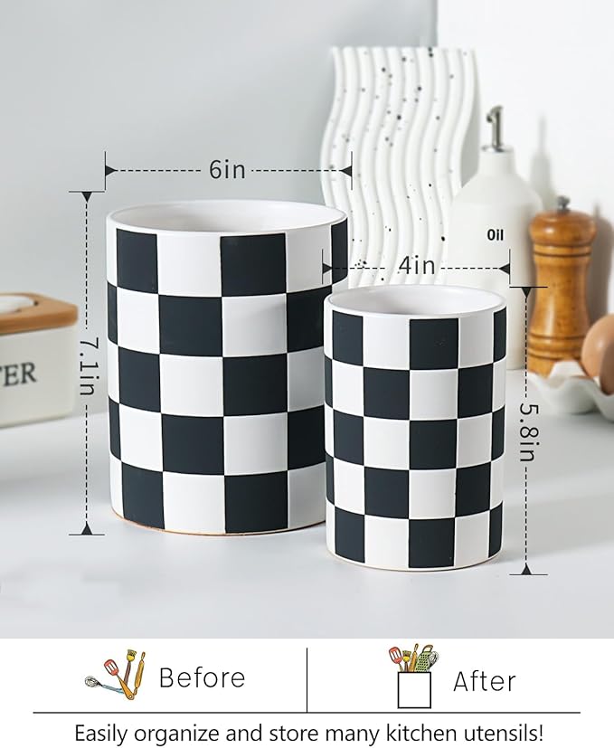 Checkered Utensil Holder, 7.1"+5.8" Inch Ceramic Spatula Holder, Black Cooking Kitchen Utensil Holder for Countertop, Kitchen Decor and Accessories for Counte
