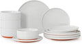 12 Piece Dinnerware Set, Dual Glaze Stoneware Plates and Bowls Sets, Modern Dinner Plate, Salad Plate, Cereal Bowl, Dish Set for 4, Microwave and Dishwasher Safe, Stardust Glaze White