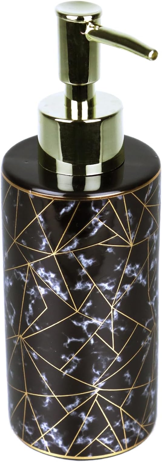 Ceramic Soap Dispenser for Bathroom & Kitchen, Marble Pattern & Gold Thread Decoration - Refillable Liquid Soap Bottle for Hotel (10oz, Black)
