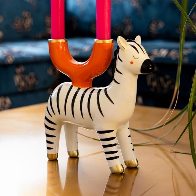 Talking Tables Hand Painted Zebra Ceramic Candle Holder Decorative Animal Table Accessory for Dinner Party Table Centrepiece Shelves and Mantels Black & White Giftable Home Décor Candelabra 7.5 Inches