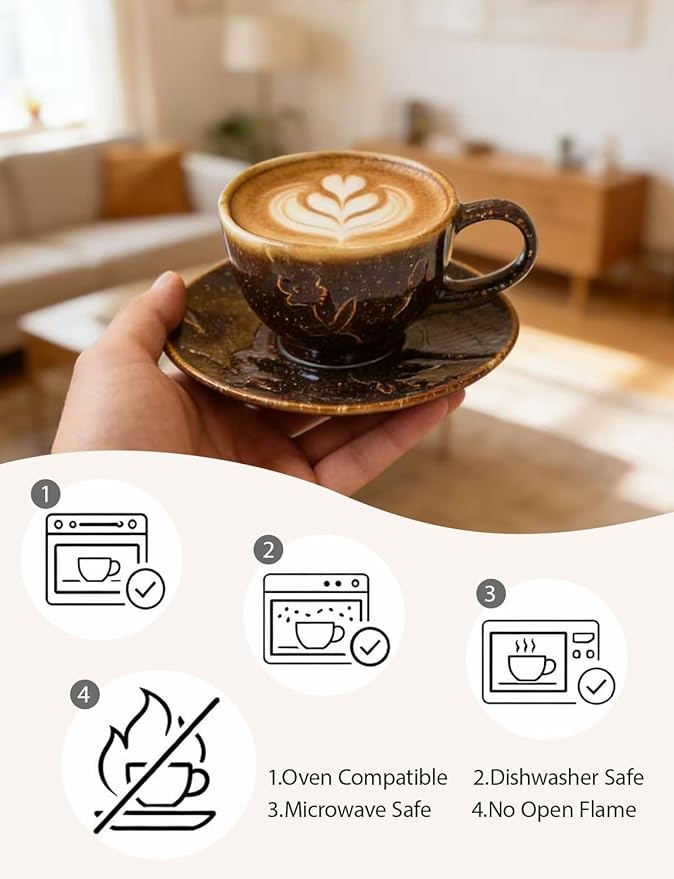 Ceramic Coffee Cup and Saucer Set 5.4oz (160ml), Brown Speckled Glaze Espresso Cup with Plate, Small Cappuccino Cup for Home, Café, Office