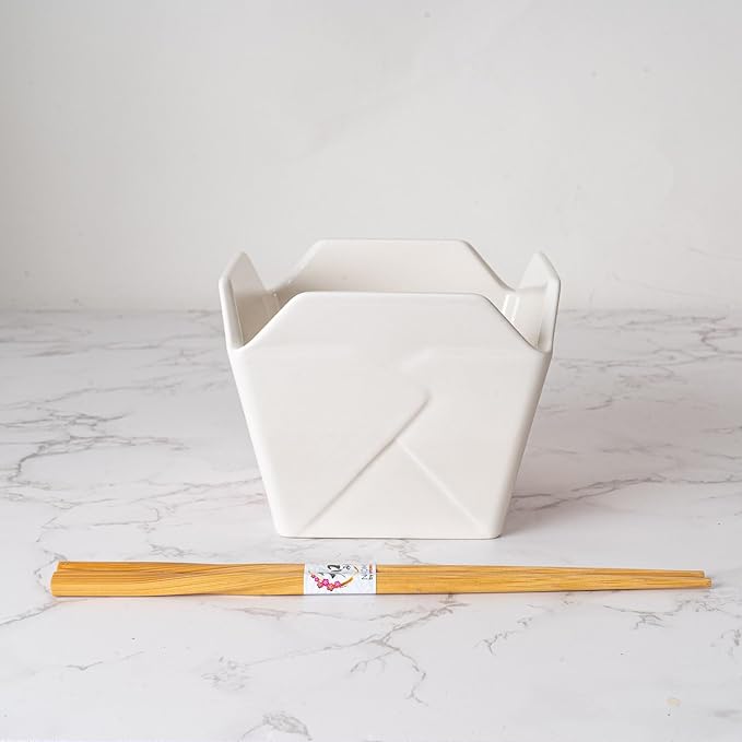 Urban Tokyo Chinese Takeout Box Style Porcelain Bowl With Chopsticks 18 fl oz Square Shape Rice Noodles Pasta To Go Box Shaped Bowl Microwave Dishwasher Safe (Lucky Cat)