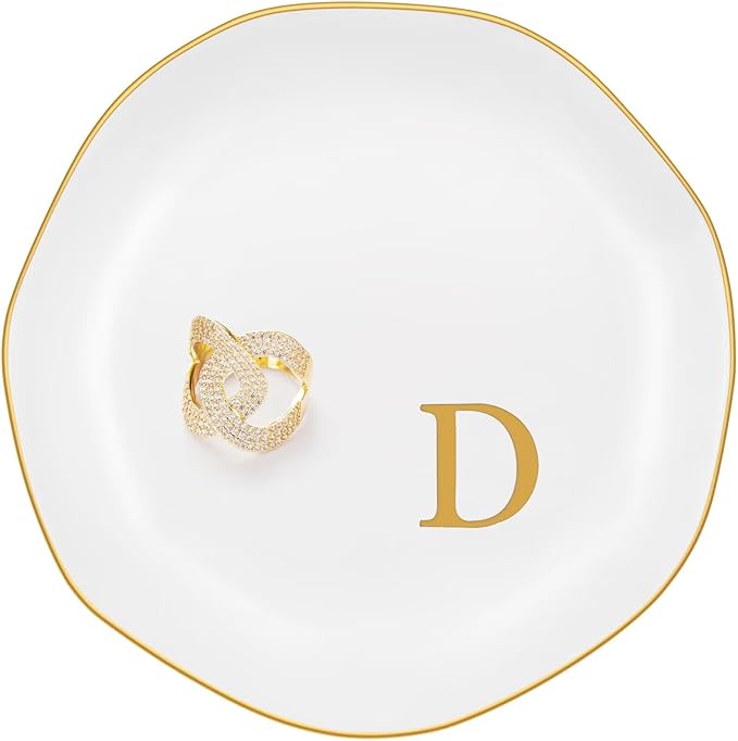 Ceramic Jewelry Tray, Personalized Initial Ring Dish, Elegant Trinket Tray for Rings Earrings Bracelet Necklaces, White Decorative Jewelry Holder for Women Vanity, 4.5 Inch, Letter D