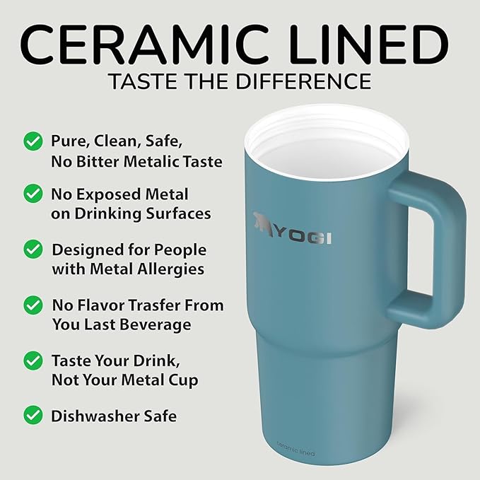 YOGI Ceramic Lined Metal Allergy Safe 24oz Tumbler with Handle and Straw Leakproof Flip & Sip Lid Vacuum Insulated Stainless Steel Travel Cup for Iced Coffee Water and All-Day Hydration 24oz Laguna