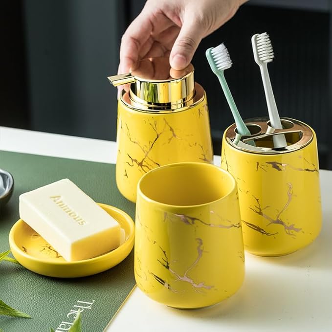 YYW Ceramic Bathroom Accessory Set, Marble Soap Dispenser Washing Set- Hand Lotion Dispenser Pump, Toothbrush Holder,Tumblers, Soap Dish-Refillable Liquid Dispenser (Yellow Four Piece)