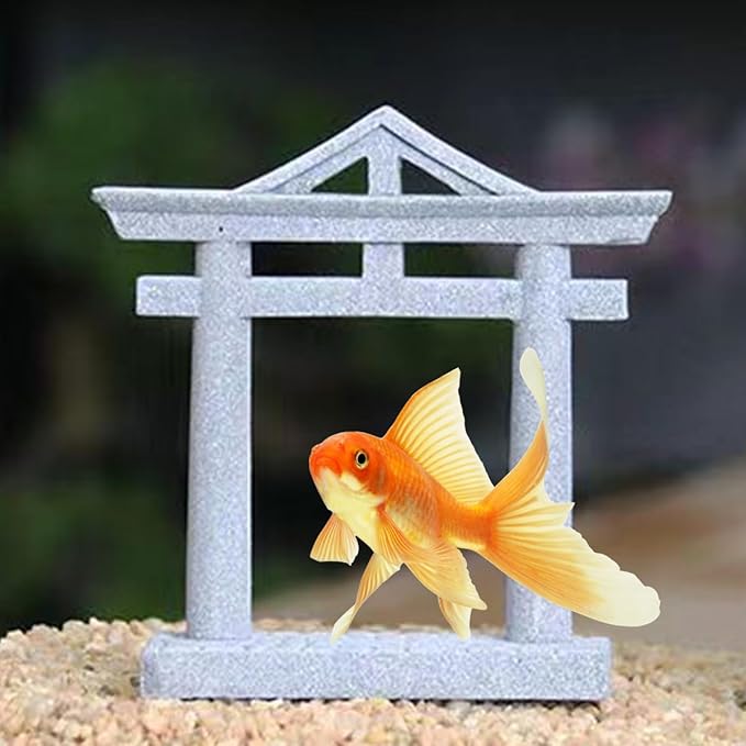 livelyfish Japanese Fish Tank Decorations Asian Aquarium Decor Torii Gate Ornament Japanese Shrine Oriental Pagoda Aquarium Sandstone Bridge Statues Betta Fish Decorations for Tank, S2