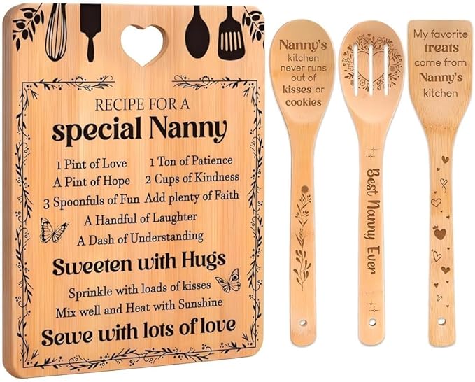 Gifts for Nanny - "Recipe for a Special Nanny" Nanny Gifts Cutting Board Set, Bamboo-Made Engraved Utensil Set Nanny Gifts for Grandma, Best Nanny Gifts