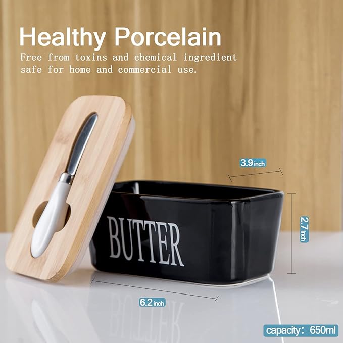 Hasense Porcelain Butter Dish with Bamboo Lid - Covered Butter Keeper with Butter Knife for Countertop, Airtight Butter Container with Cover for East West Coast Butter, Black