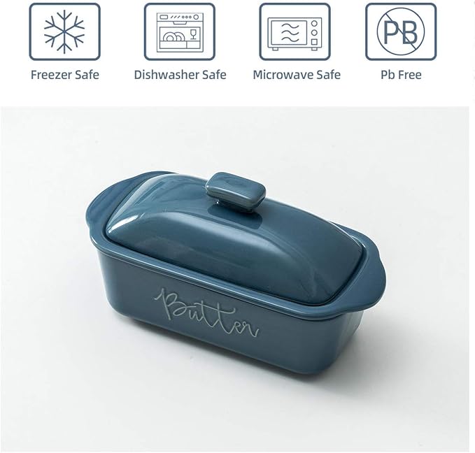 FE Butter Dish, 10 oz Ceramic Butter Keeper with Water Line, French Butter Dish with Lid for Countertop (Blue)