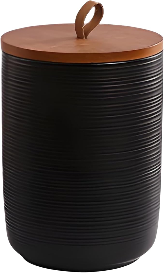 Food Storage Jar Strong Ceramic Storage Canisters with Airtight Wooden Lid,Kitchen Storage Containers for Serving Coffee Beans, Tea, Sugar, Salt, Spices (Big black 44 oz)