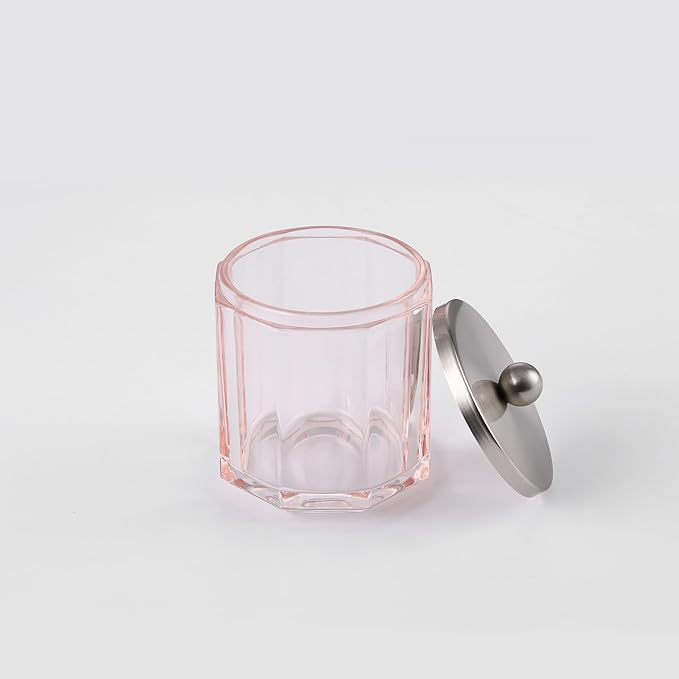 Blush Translucent Apothecary Octagional Shaped Glass Canister Jar With Metal Lid Cover for Bathroom Organization, Cotton Balls, Q Tips, and Small Accessories, Bathroom Storage