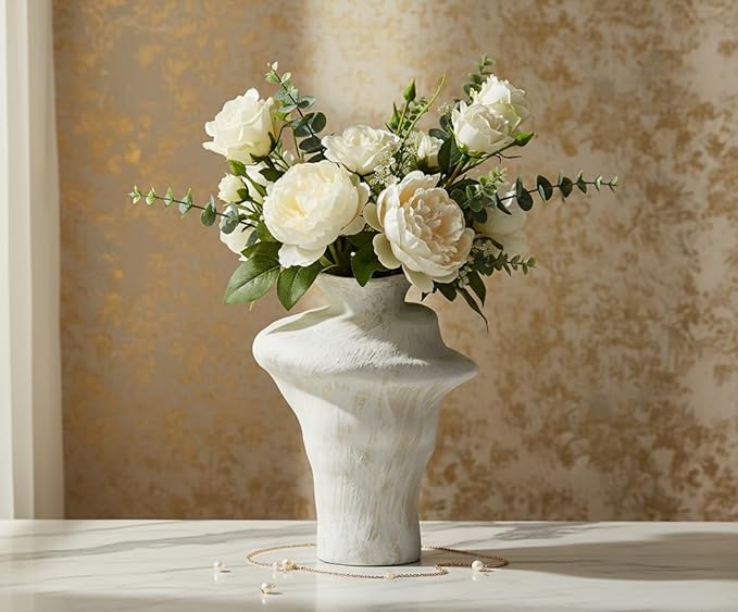 Handmade Ceramic Vase – Irregular Sculptural Design with White Textured Finish and Rustic Brush Strokes, Modern Decorative Pottery for Home Decor and Table Centerpiece