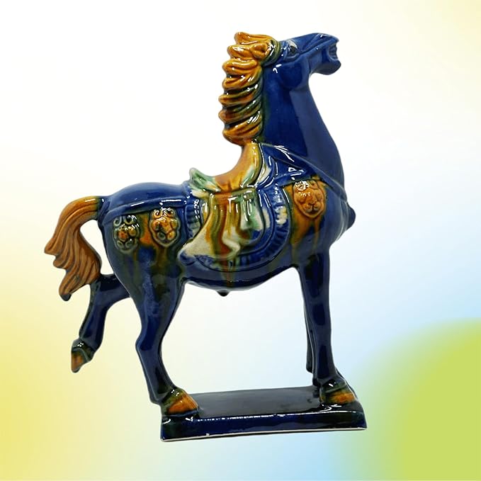 Handmade -Tang Dynasty Tri-Color Horse Sculpture Ceramic Horse-19cm Cultural Art Piece for Home,Bookcase or Office Decor (Blue)