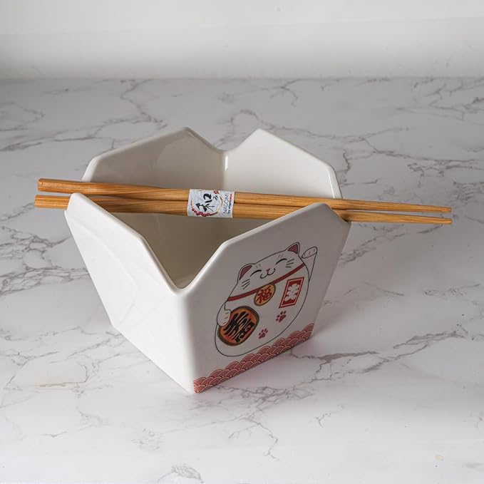 Urban Tokyo Chinese Takeout Box Style Porcelain Bowl With Chopsticks 18 fl oz Square Shape Rice Noodles Pasta To Go Box Shaped Bowl Microwave Dishwasher Safe (Lucky Cat)