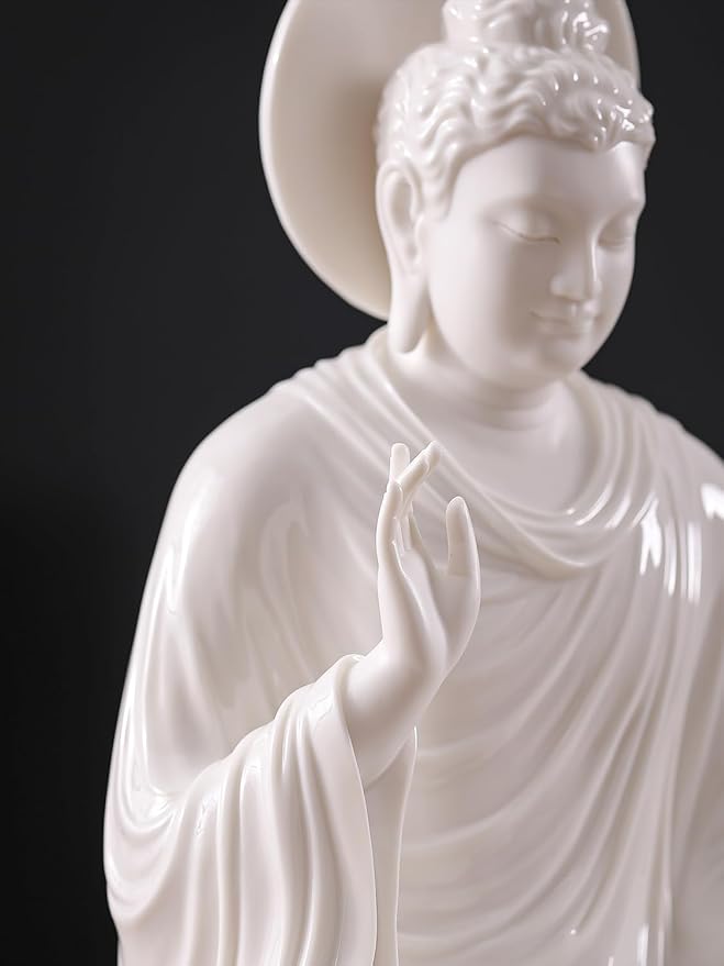 Houlu 12.8 Inch White Buddha Statue for Home Decor, Meditating Buddha Statue with Halo, Ceramic Buddha Statues Indoor/Outdoor for Meditation and Spiritual Décor