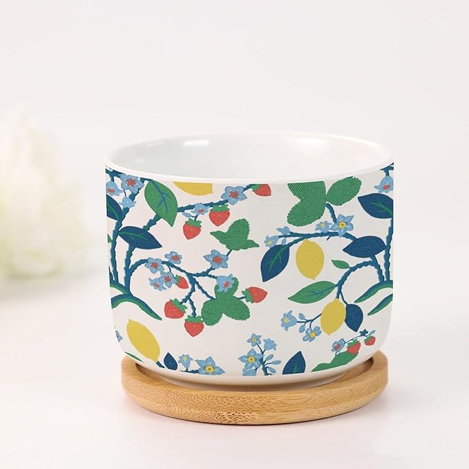 Summer Cherry Lemon Citrus Garden Small Ceramics Planter Set of 2 Leaf Fruit Strawberry Ceramics Plant Pot with Drainage Bamboo Trays Chinoiserie Style Succulents Pots