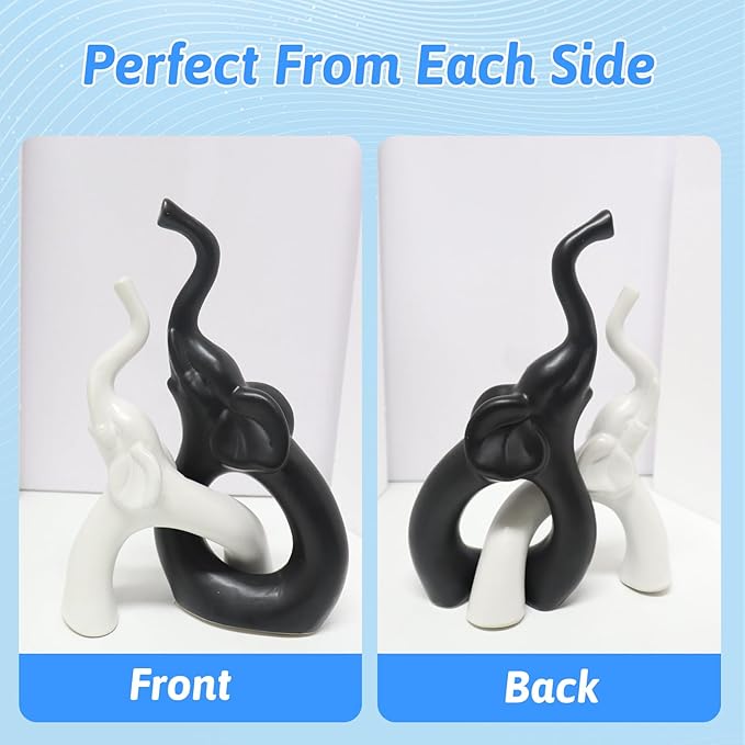 Zerzsy Loving Pair of Elephants Statues Figurine, Modern Style Sculpture Decorative, Ornament Elephant for Living Room Office Cabinets, Shelf - Black & White Ceramic Decor
