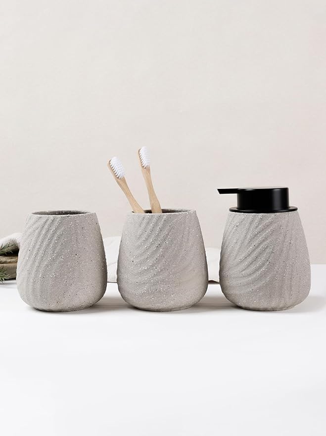 3 Pcs Bathroom Accessories Set – Ceramic Lotion Soap Dispenser, Toothbrush Holder with Rustic Leaf Vein, Modern Vanity Accessory Countertop Organizer for Bathroom Kitchen Decor