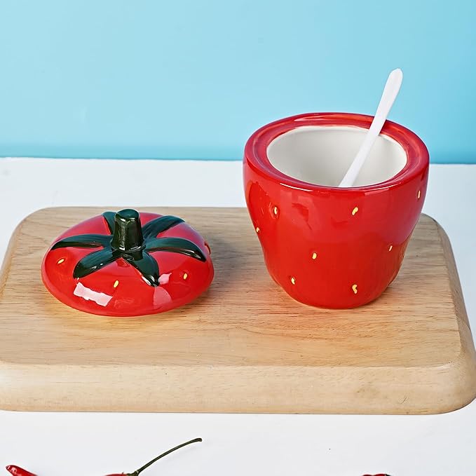 Hand-painted Ceramic Fruit Shape Sugar Bowl Spice Jar Seasoning Pot with Lid Spoon (Strawberry)