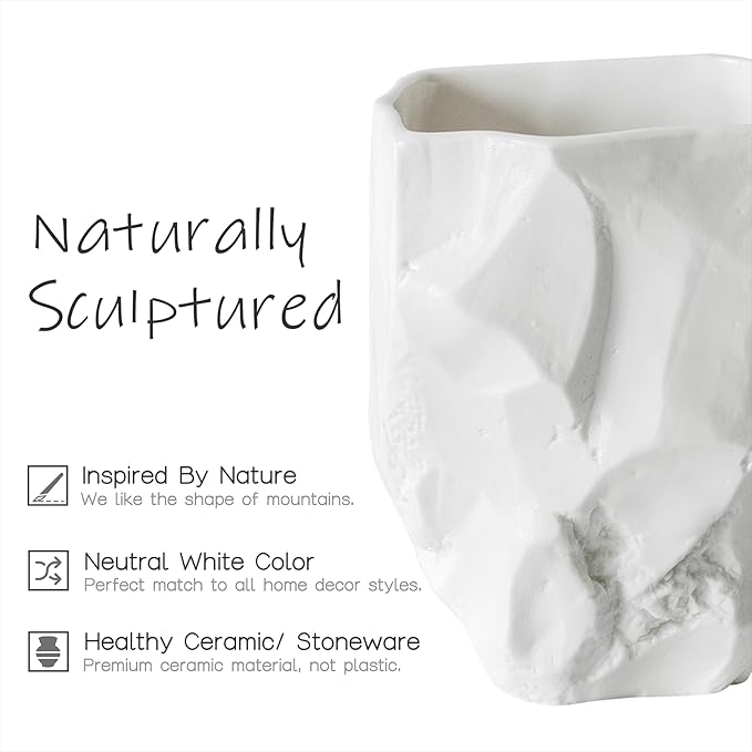 2 Pack Hand-Sculpted Stone-Look Ceramic Toothbrush Holder, Matte White Tumbler for Bathroom Countertop, Natural Pen Holder or Makeup Brush Organizer