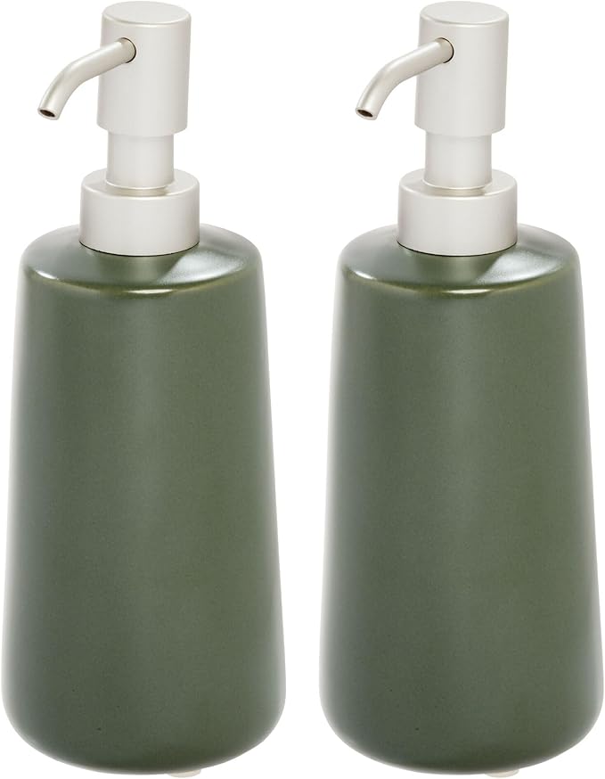 iDesign Dispenser for Bathroom Holds Hand Soap or Lotion-Set of 2-Moss Green Eco Vanity Ceramic Pump-Tall M2