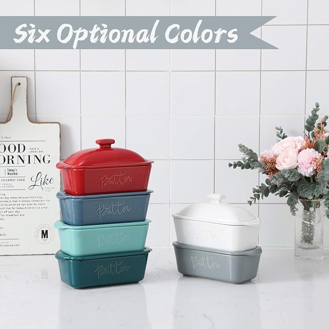 FE Butter Dish, 10 oz Ceramic Butter Keeper with Water Line, French Butter Dish with Lid for Countertop (Apple Red)