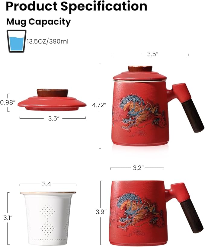 Ceramic Tea Cup with Infuser and Lid, 13.5 oz Tea Mug for Loose Leaf Tea,Wood Handle,Chinese Dragon Design,All Porcelain Strainer,BPA-Free, Perfect for Tea Lovers/Birthday/Easter (Red）