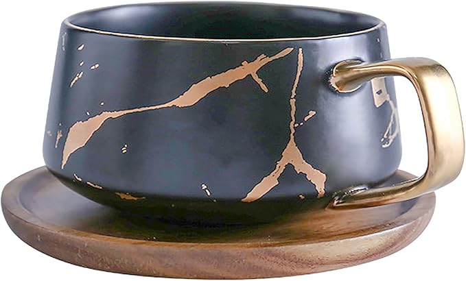 LUCCK 12oz Ceramic Marble Tea Cup with Wooden Saucer Ceramic Coffee Cup Cappuccino Cup Luxury Gold Inlay Fashion Marble Pattern for Women(Black)