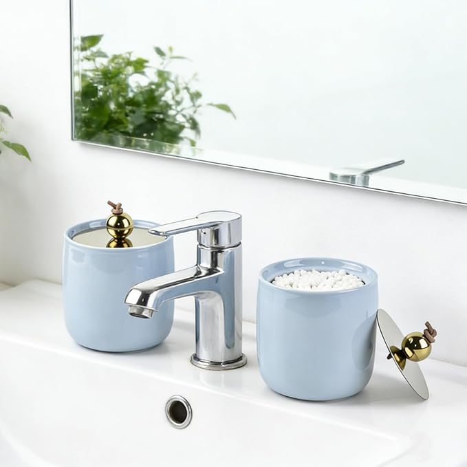 2 Pack Ceramic Qtip Holder Dispenser with Gold Lids, Blue Apothecary Jars Bathroom Vanity Organizer for Home Decor Bathroom Canister for Cotton Swabs, Rounds, Balls, Makeup Sponges, Bath Salts