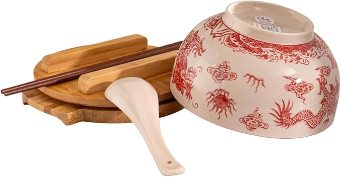 Urban Tokyo Japanese Kamameshi Style Ceramic Glazed Japanese Ramen Udon Pho Noodle Bowl With Spoon, Bamboo Lid, Chopsticks and Trivet 5 Piece Set (Red Dragon)