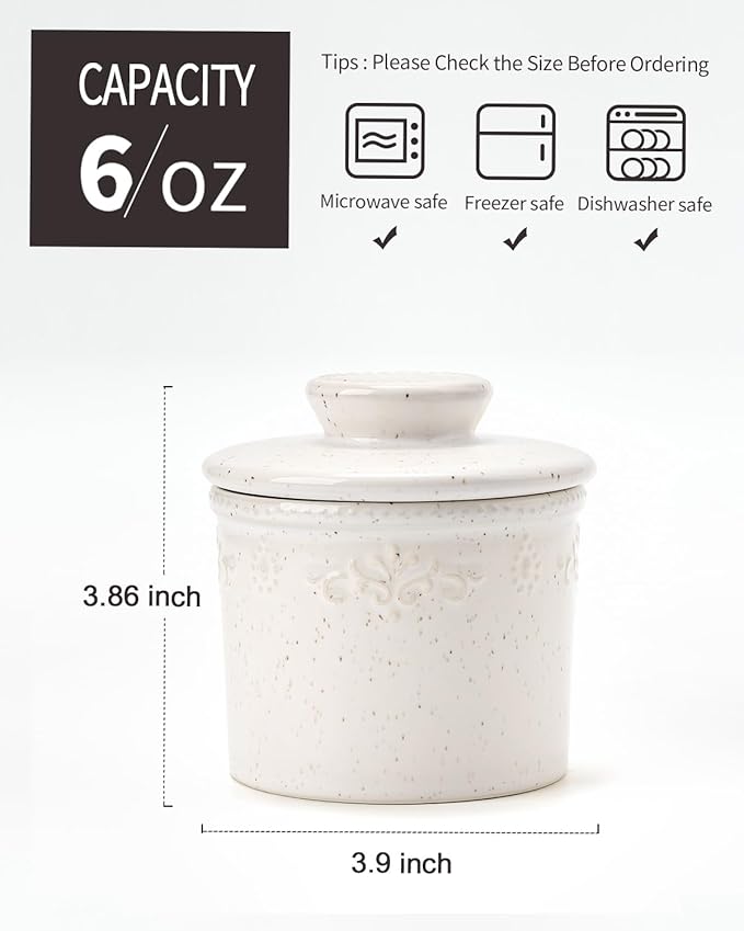 XELA Ceramic Butter Dish - French Butter Crock With Water Line - Keeps Your Butter Fresh and Spreadable - Speckled White
