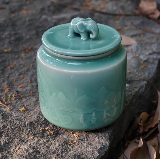 Sage Green Ceramic Storage Jar with Elephant Lid – Handmade Celadon Canister for Tea, Herbs & Spices, Airtight Jar for Kitchen, Feng Shui Gift & Home Décor