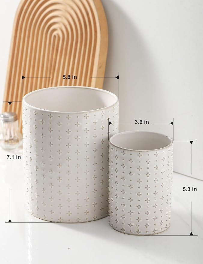 Kitchen Utensil Holder for Countertop, 7.1" + 5.3" Ceramic Cooking Utensil Holder Set of 2, Large Utensil Crocks, Morden Kitchen Tool Tolder for Spatula, Arctic White