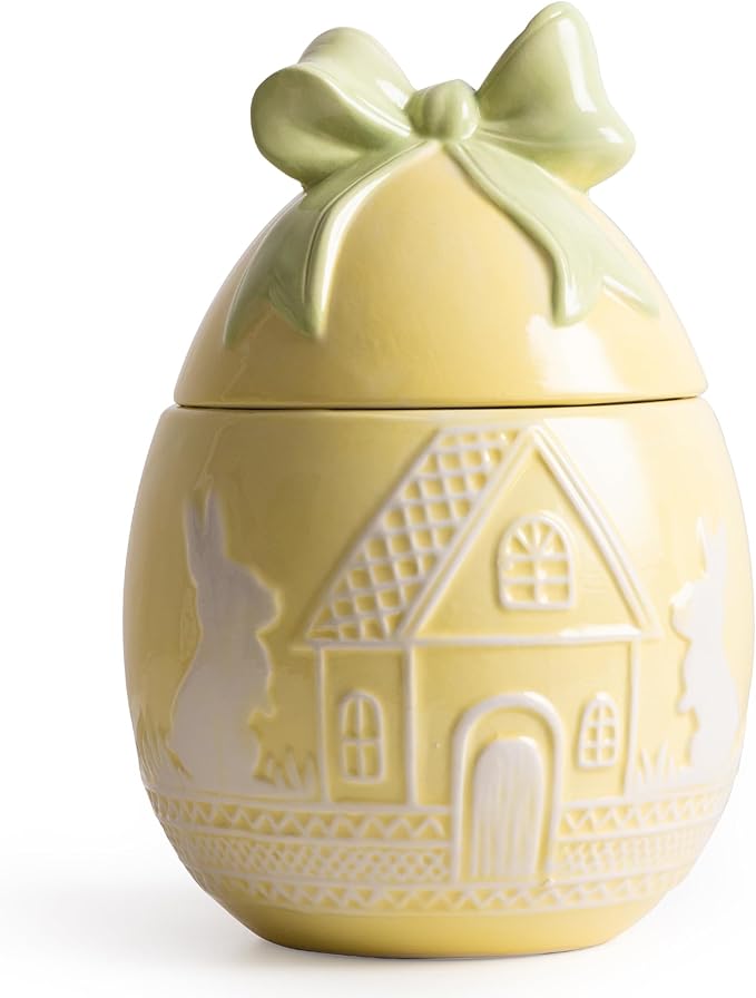 Easter Bunny Cookie Jar with Lid, Yellow Egg Candy Jar, Embossment Bunny Decorative Ceramic Storage Container Jar, Yellow Easter Bunny Egg Decorations for Home Kitchen Indoor Best Easter Gift