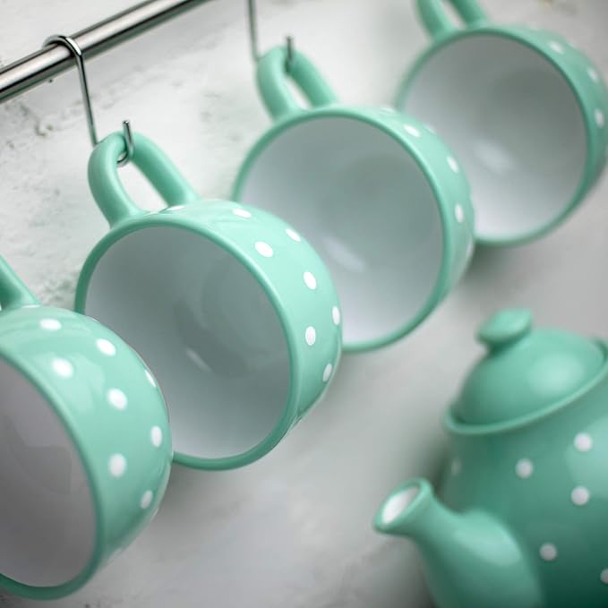 City to Cottage Handmade Ceramic Designer Teal Blue and White Polka Dot Cup, Unique Extra Large 17.5oz/500ml Pottery Cappuccino, Coffee, Tea, Soup Mug | Housewarming Gift for Tea Lovers